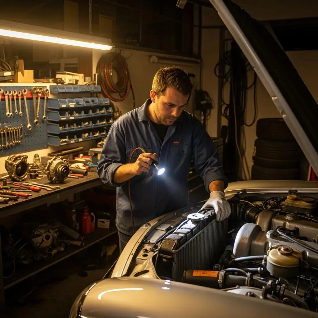 Mechanic inspecting the radiator of a Mercedes to diagnose overheating