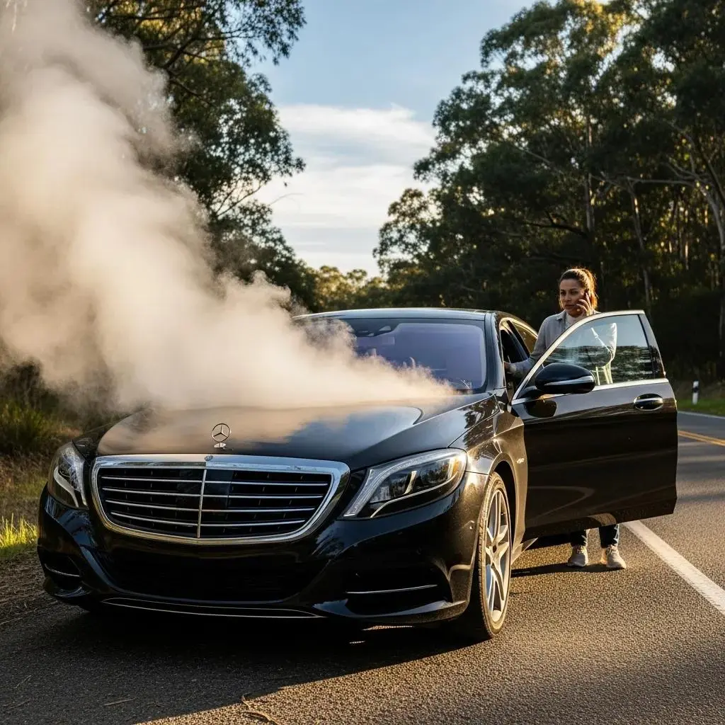 Mercedes with steam coming from the bonnet, indicating overheating