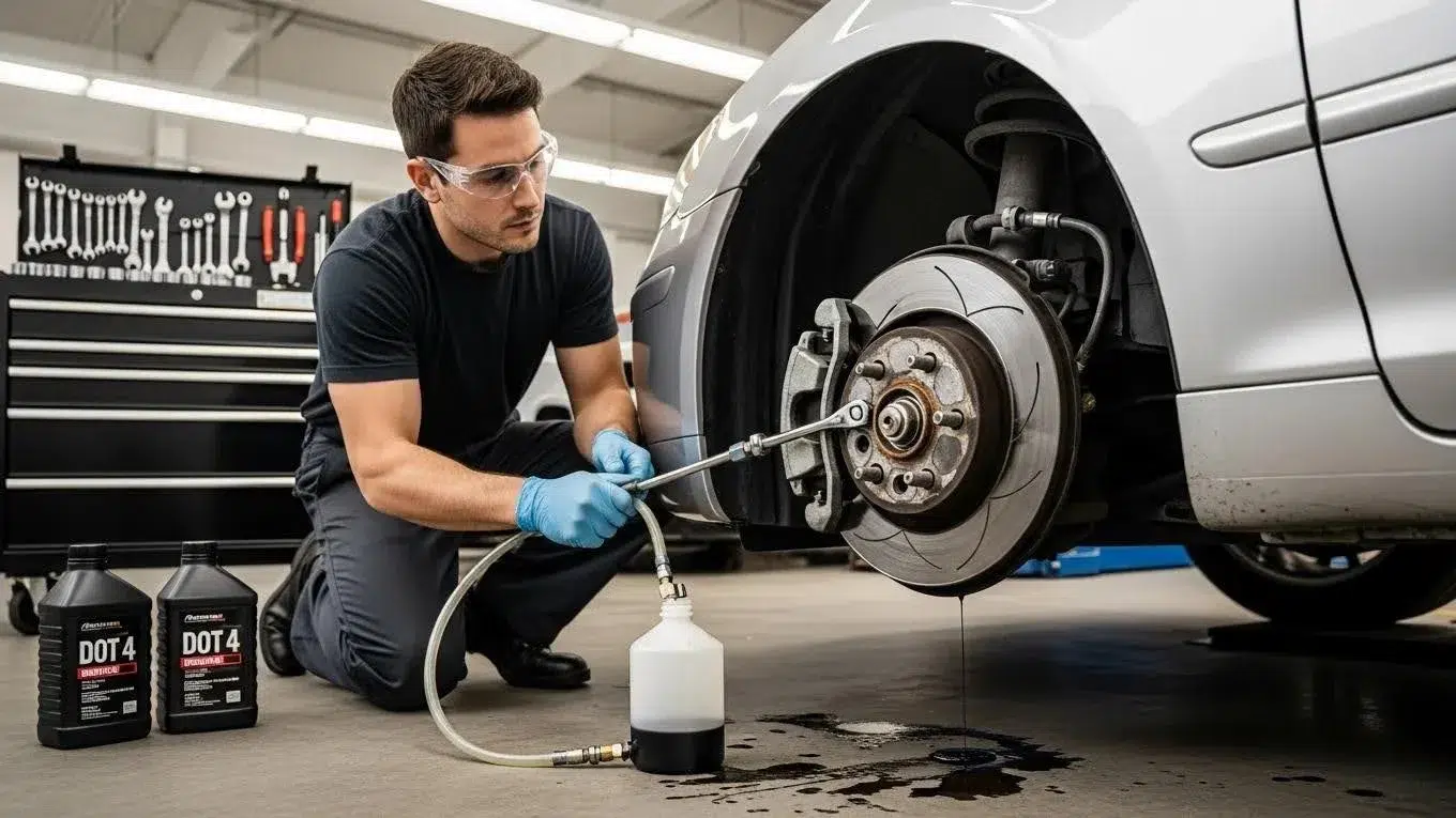 Mechanic changing brake fluid in a vehicle, highlighting vehicle maintenance and safety